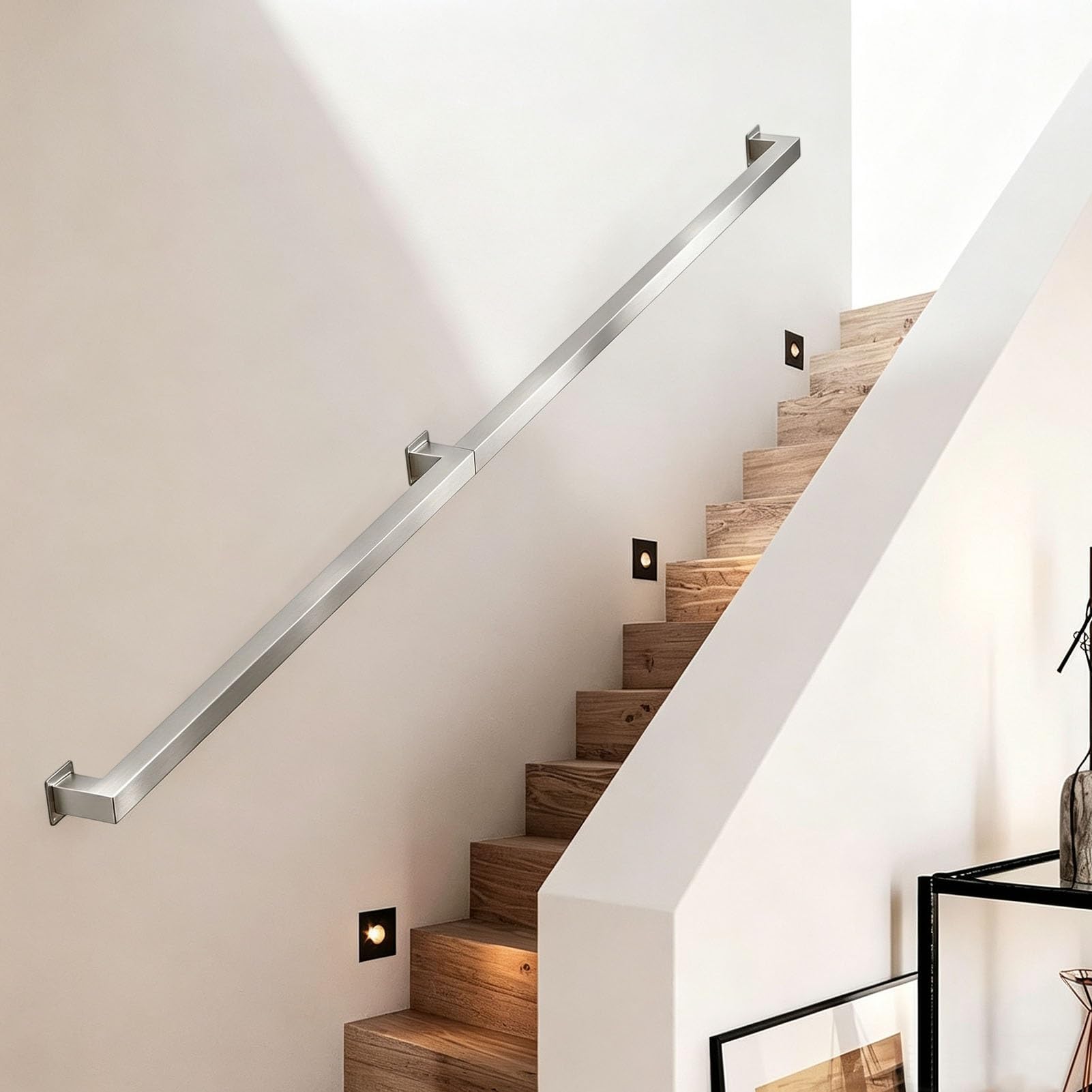 Junvstor Handrail for Stairs, Metal Wrought Iron Staircases Banister Hand Rail, Wall Mount Grab Bar Railing, Safety Non-Slip Staircase Railings - Stainless Steel(17ft/510cm)
