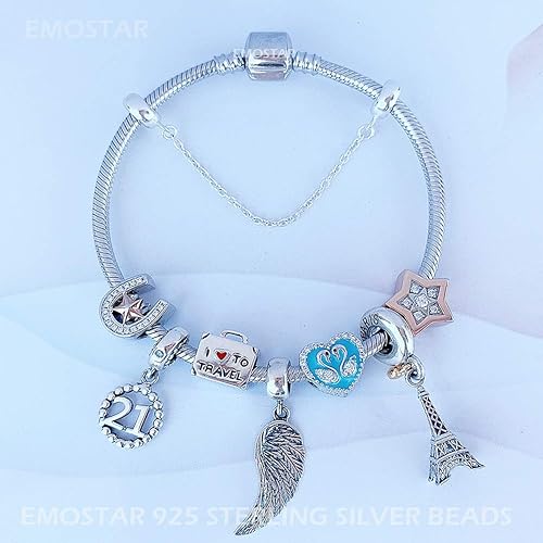 Miniatura 9 de EMOSTAR Juego de dijes con texto en inglés "I Love to Travel" para pulseras de momentos, maletas de viaje y dijes de copa de vino, juego de joyas en