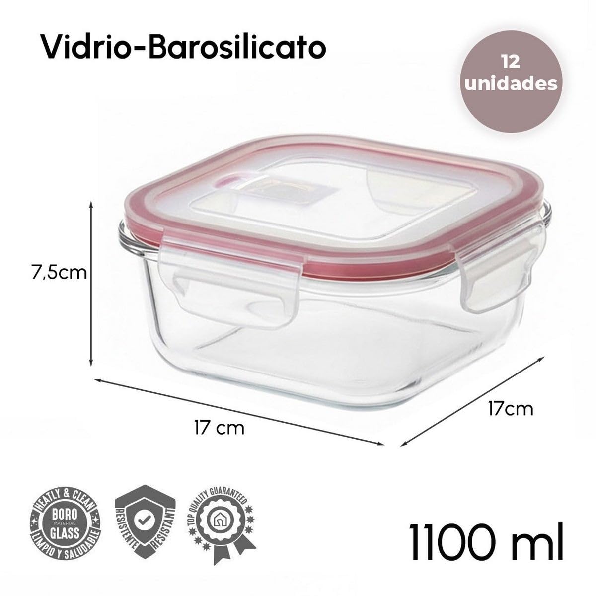 Set 12 tapers rectangulares de cristal borosilicato de 1100 ml | Con válvula de ventilación y libres de BPA. Herméticos y súper resistentes al horno, microondas o congelación.