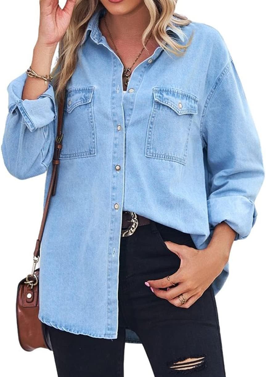 chouyatou Women's Spring Long Sleeve Denim Jean Shirts Button Down Shirt Business Casual Tops - Image 3