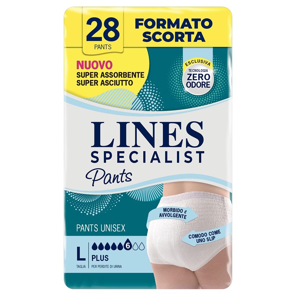 Lines Specialist Pants Plus Unisex, Mutande Assorbenti per Incontinenza Donna e Uomo, Asciutto Lampo e Massima Protezione, Zero Odore, Taglia L, Confezione da 28 Pezzi