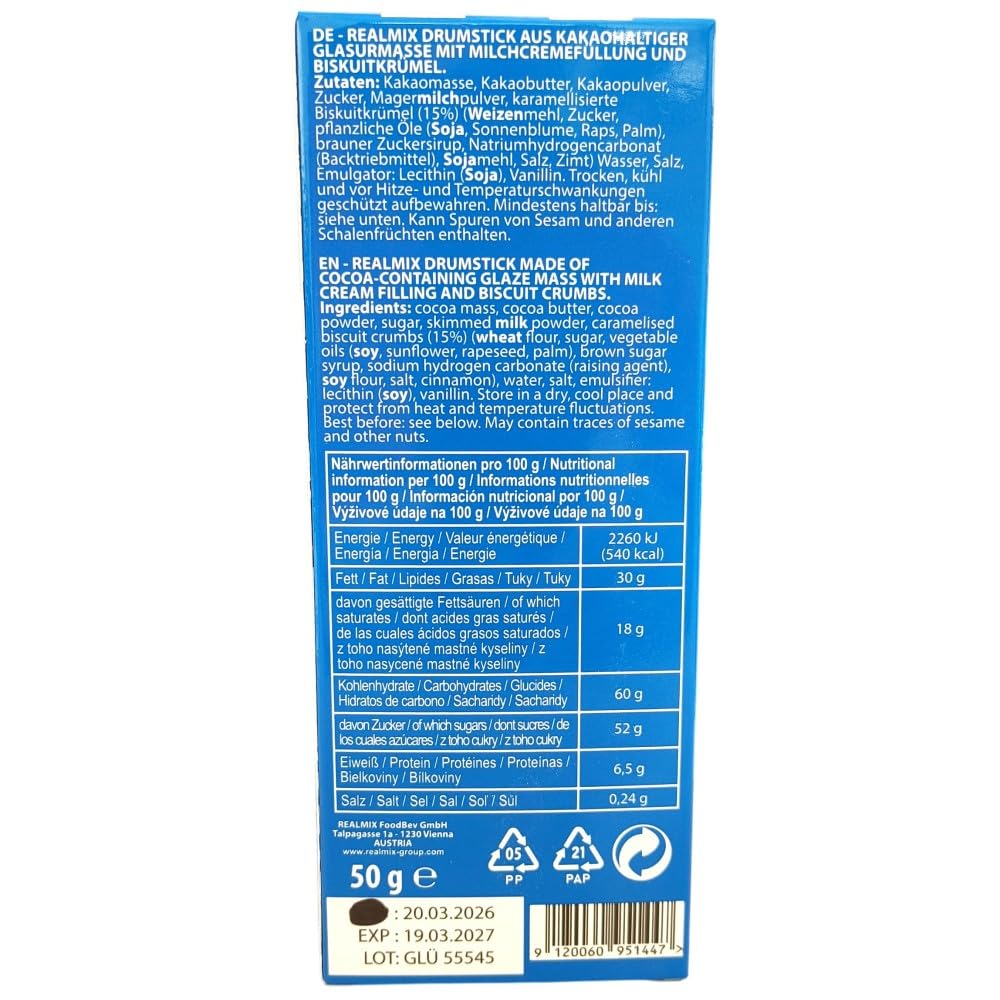 Snack Realmix Choco Drumstick con Cobertura de Cacao y Crema de Leche | Caja 24 Unidades x 50 g | Snack Dulce con Forma de Muslo de Pollo