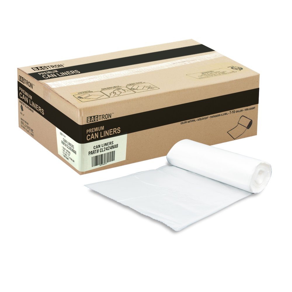 Bagtron7-10 Gallon Trash Bags, 8 Micron High Density Garbage Can Liners Bulk, 24" x 24", Natural Clear, 1000 Count