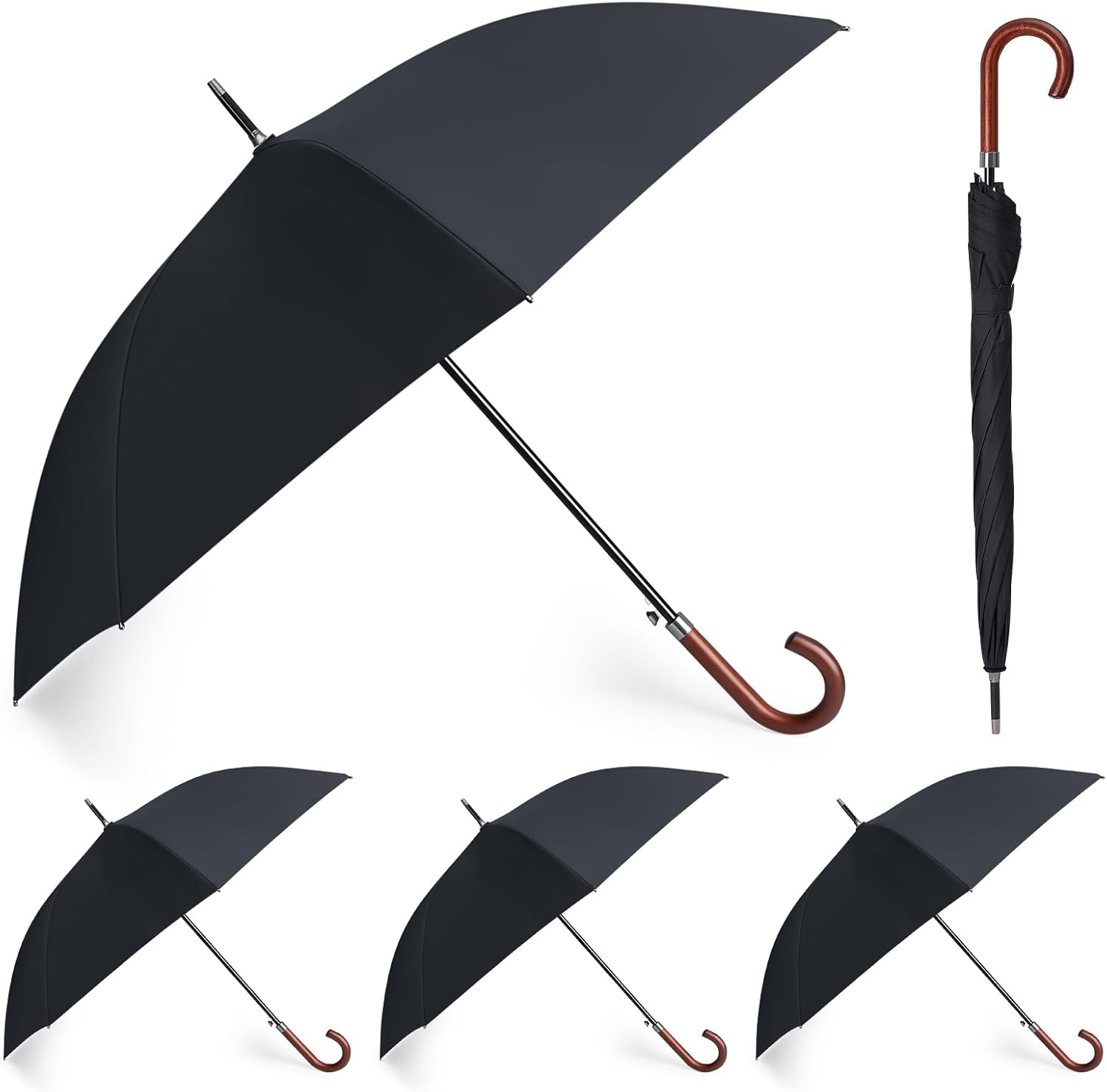 Silkfly 2/4/6 Pcs 48" Auto Open Umbrella Large Wooden J Stick Handle Vintage Windproof Travel Wedding Fast Drying Umbrella