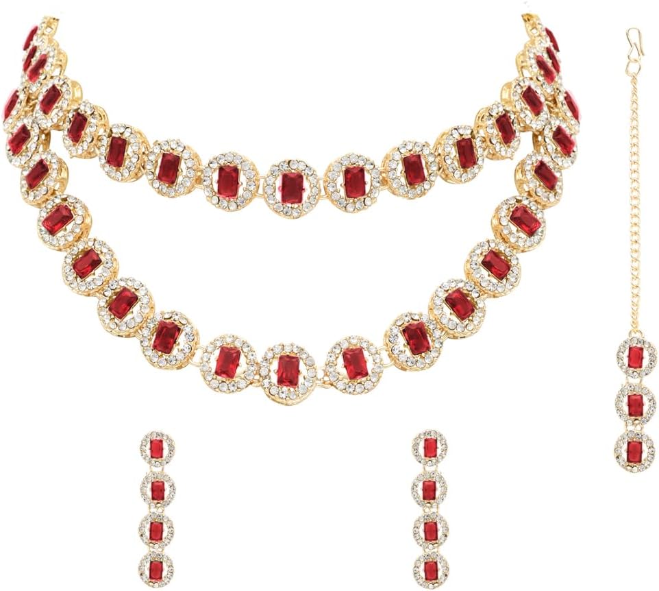 I Jewels Gold Plated Crystal Diamond Multi Layer Necklace With Earrings & Maang Tikka Jewellery Set for Women