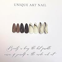 Vista 3 de Uñas postizas marrones a presión en forma de almendra, uñas acrílicas de longitud media, uñas postizas de otoño de cobertura completa con diseño