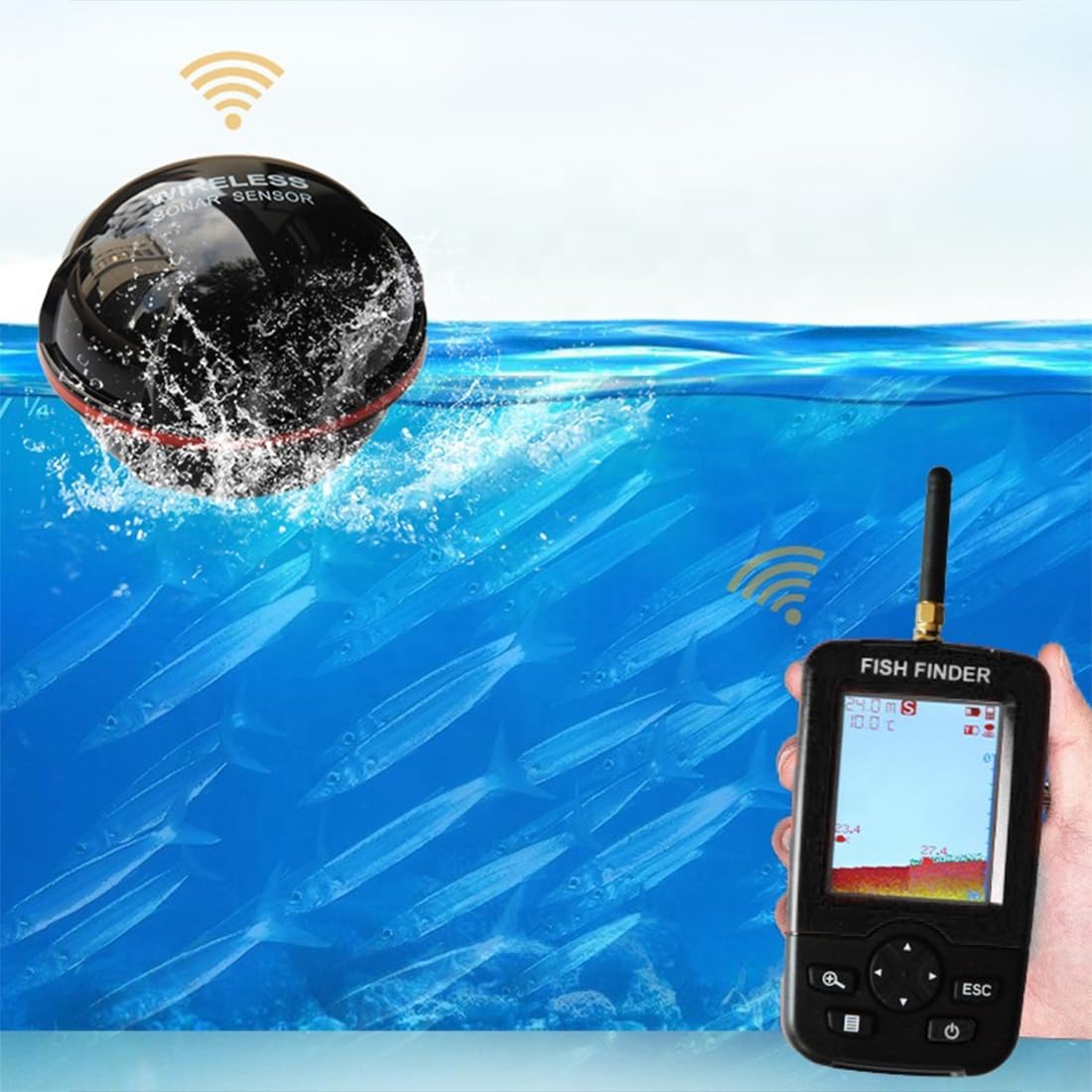 Bezprzewodowy echosonda do łodzi zanętowych RC V802PRO/V030/V080, głębokość 45 m, czujnik sonarowy 90°, kolorowy wyświetlacz LCD, zasięg 100 metrów, akcesoria wędkarskie do połowów morskich i podlod