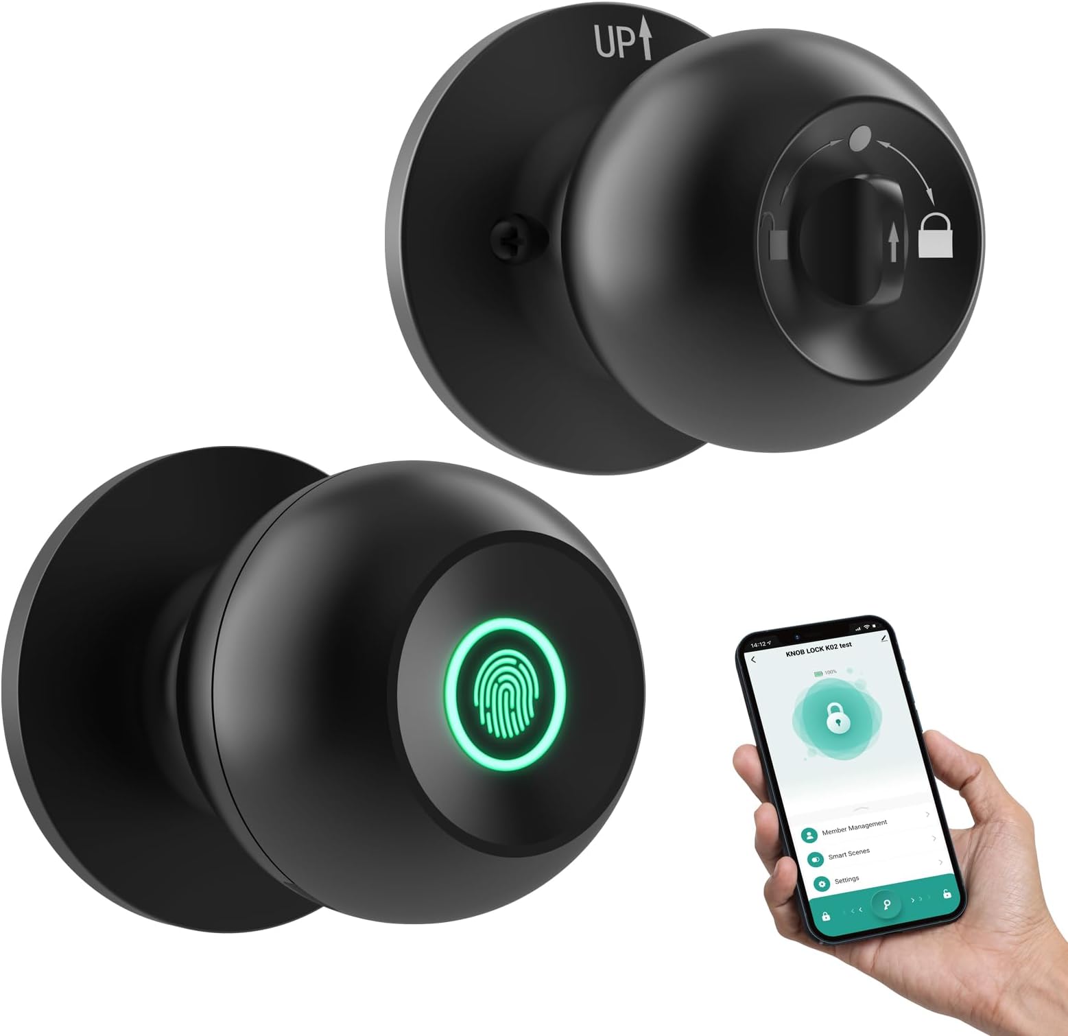 GHome SmartDoor Knob Fingerprint Door Lock with Keypad, Biometric Smart Lock - App Control, Interior Door Knob with Key Great for Bedroom, Apartments, Offices and Hotels (K10-01)