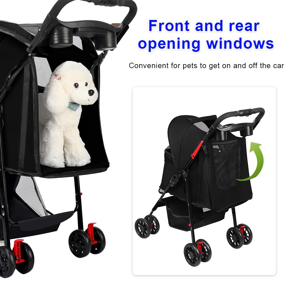 OHMG 3 en 1 Poussette buggy pliable animaux chariot pliante chien chat porte-gobelet panier de rangement inclus roues avec frein tissu 600D Oxford acier,Jusqu'à 40 kg,98 * 67 * 46cm-Noir