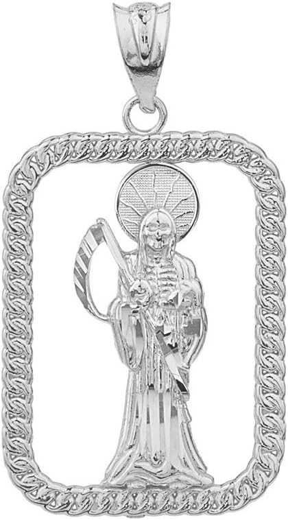 925 Sterling Silver Santa Muerte Rope-Style Rectangular Frame Pendant