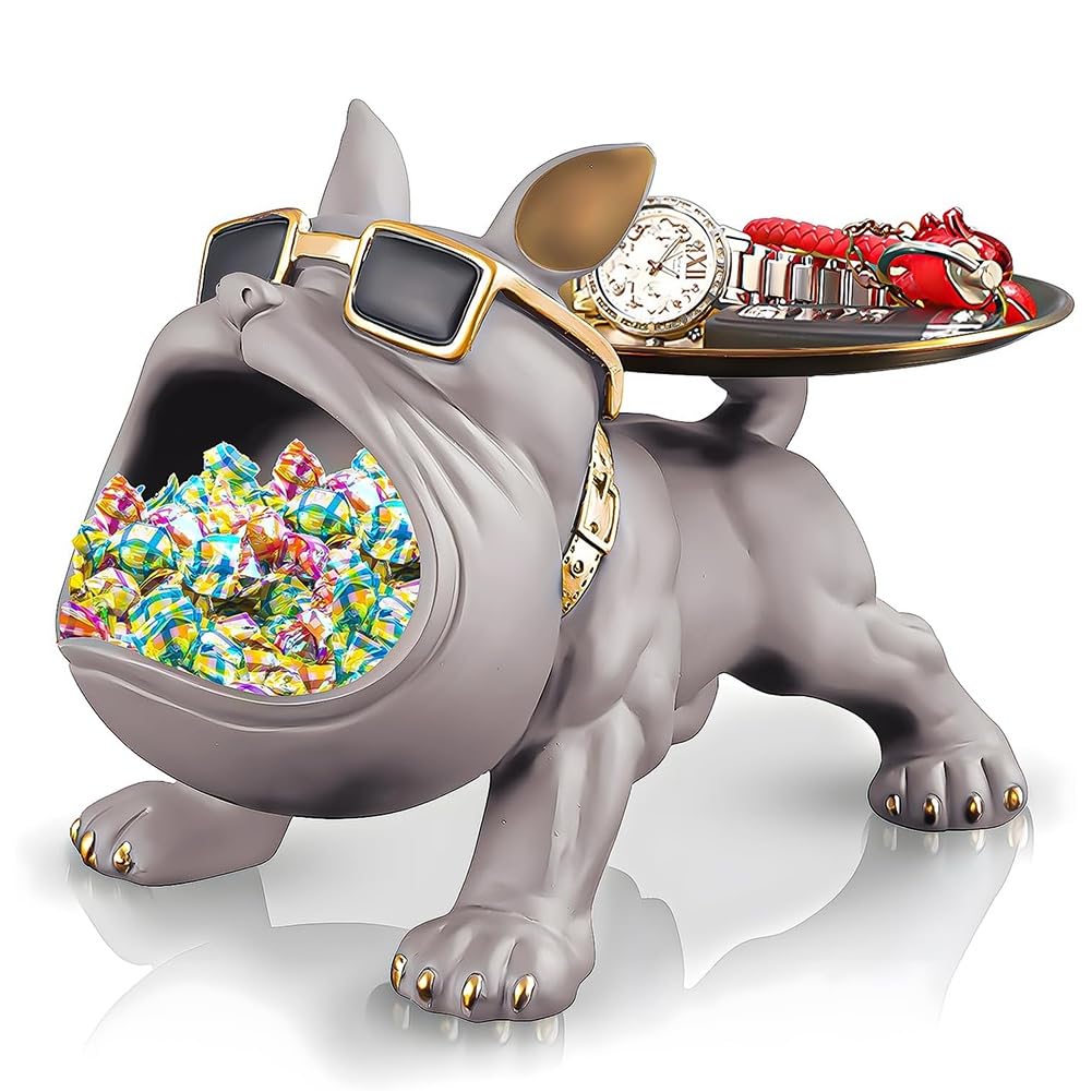 CTRLZS Statues Figurines Resin French Bulldog Tray Statue Candy Dish Key Holder Bowl for Desk Home Decor Brown