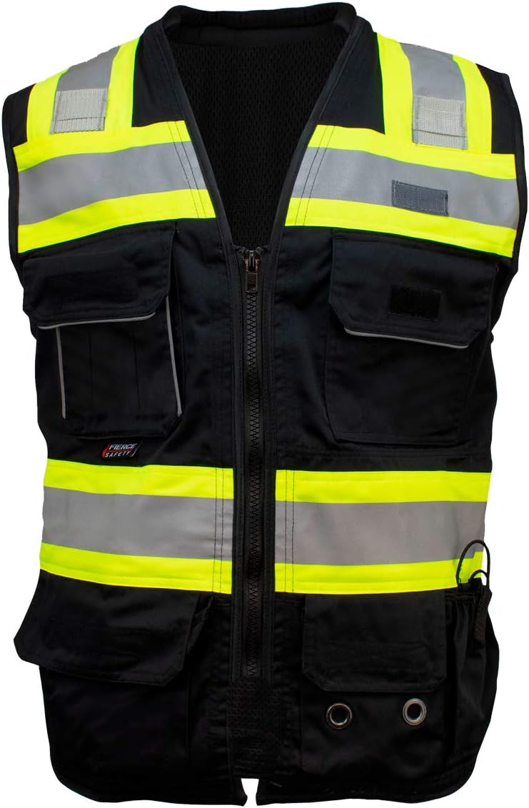 SU500B Premium Surveyors Class 1 Black Heavy Duty Vest, Tablet Pockets & Neck Padding | 100% Polyester Optimal Breathability | Contrasting Reflective | Meets ANSI Standards