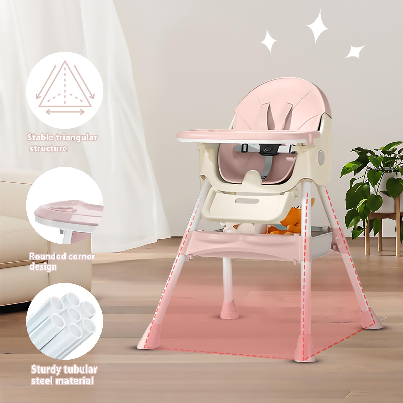 UBRAVOO Trona Evolutiva Bebe Silla de Comedor Plegable 3 en 1 Doble Bandeja de Comida Arnés de Seguridad de 5 Puntos Adecuado Para Niños De 6 a 36 Meses Capacidad de Peso 40KG (Rosa)