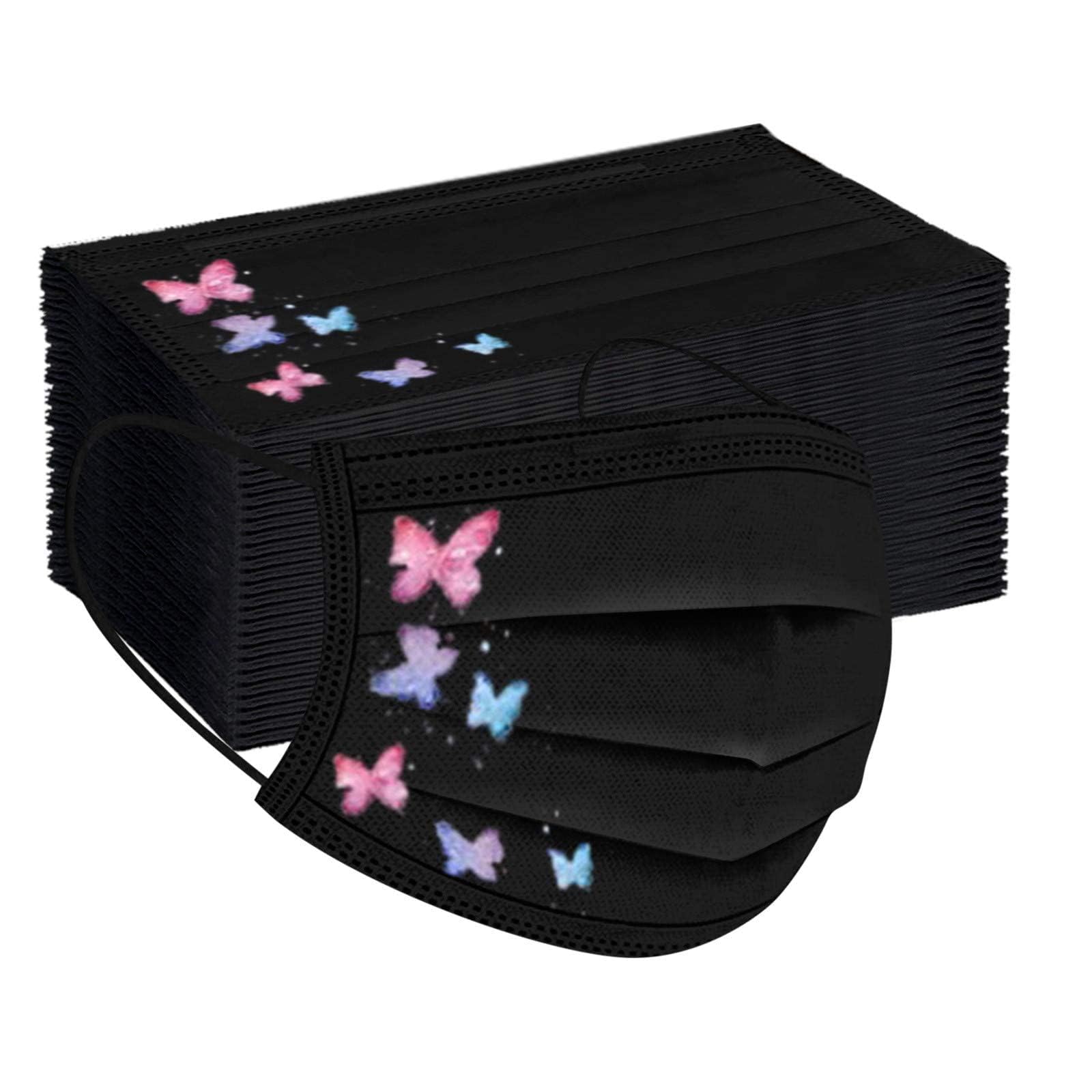 50Pack Black Disposable Face Masks Butterfly Printed Breathable Masks for Women Men 3 Ply Face Full Protection