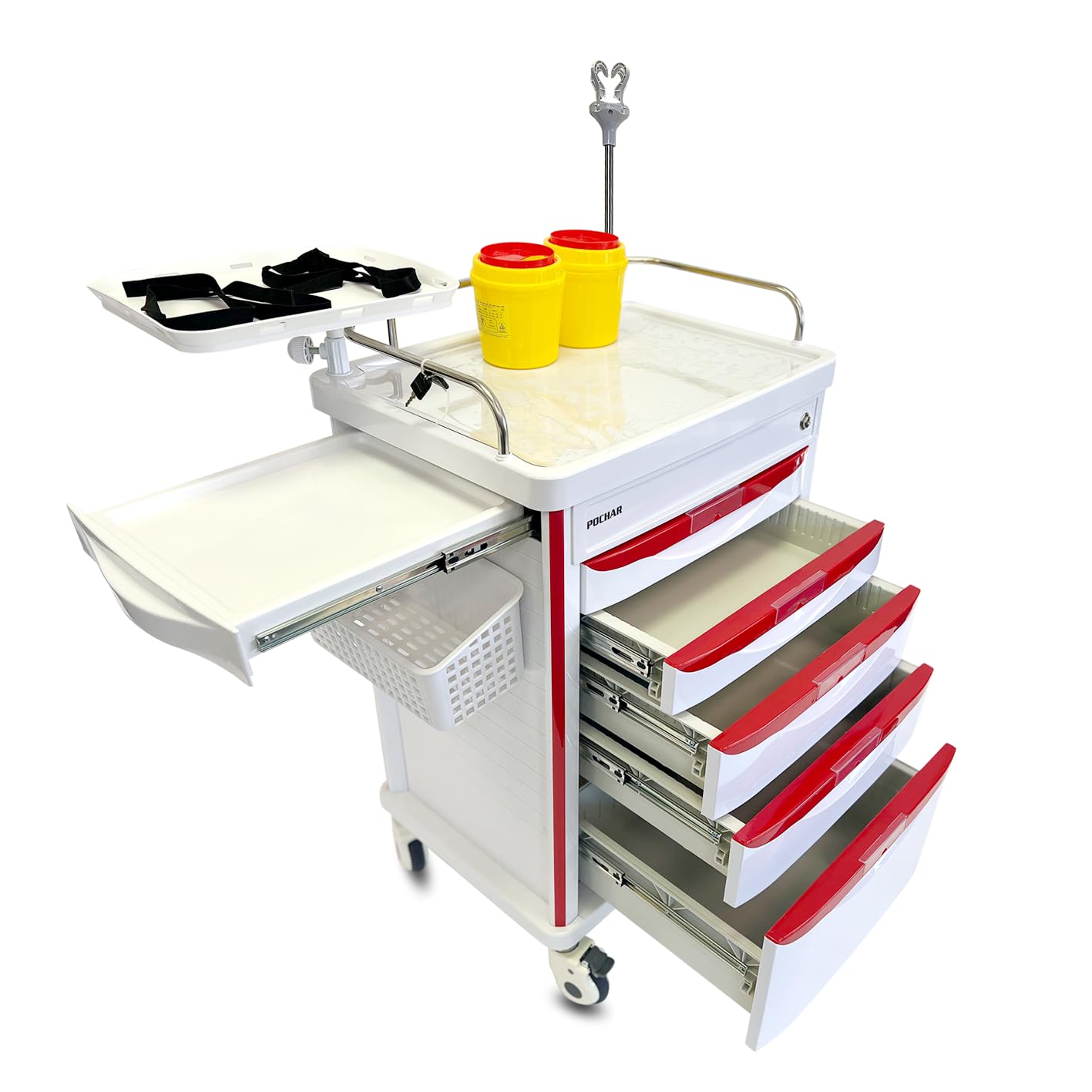 Pochar Medical Crash Cart with Emergency Accessory - Cardiac Board, IV Pole, O2 Holder, Power Strip, Trash Bin, Drawers with Dividers - Mobile Emergency Cart for Hospitals and Clinics