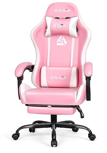 N-GEN GAMING Video Gaming Chair with Footrest Lumbar Support for Home Office High Back Recliner Height Adjustable Ergonomic Comfy Leather Computer Desk Chair (Pink) - Pink