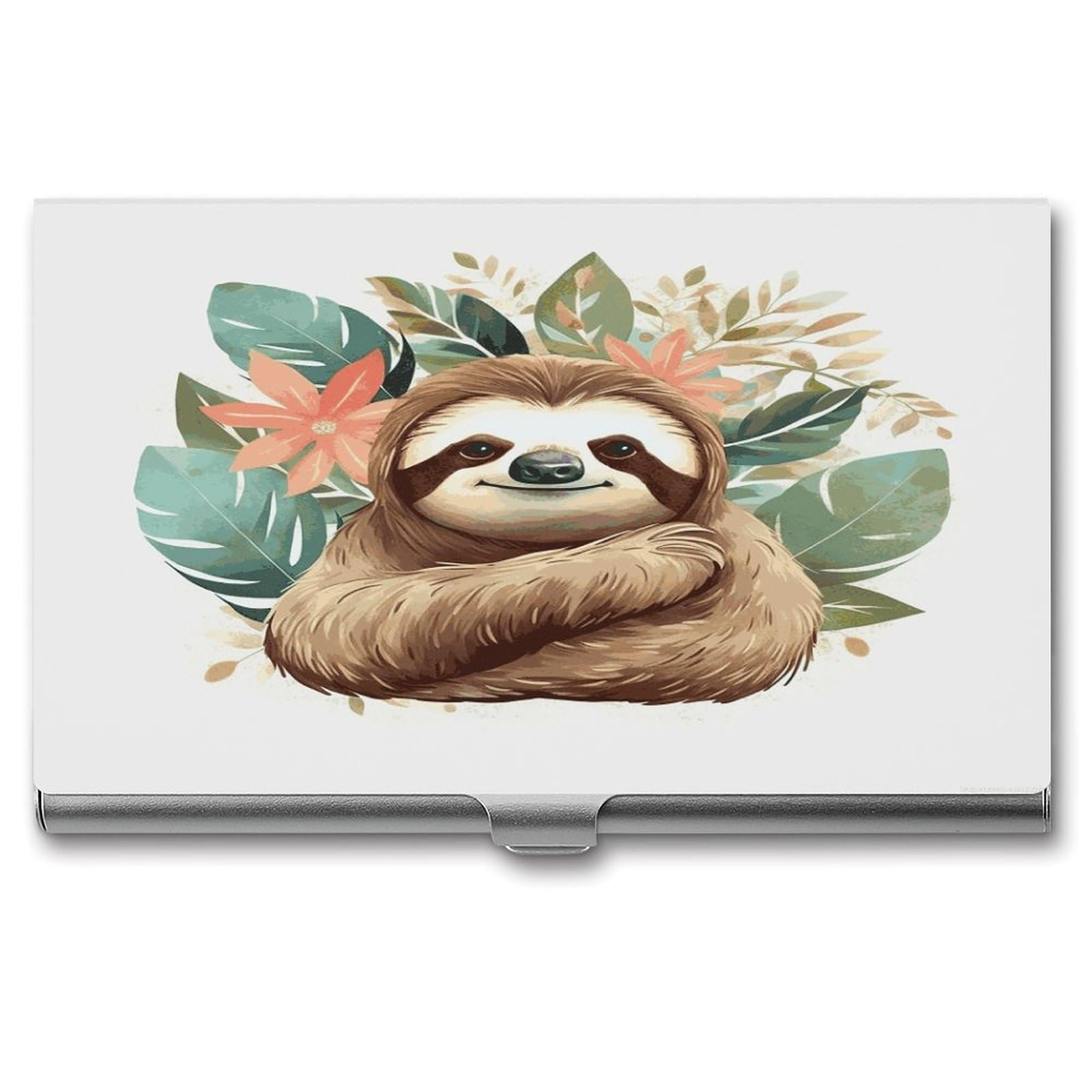 JTREHY Cute Sloth Leaves Business Card Holder Slim Purse Name Card Holder Portable Metal Business Card Case Wallet Large Capacity Lightweight Business Card Case for Men Women