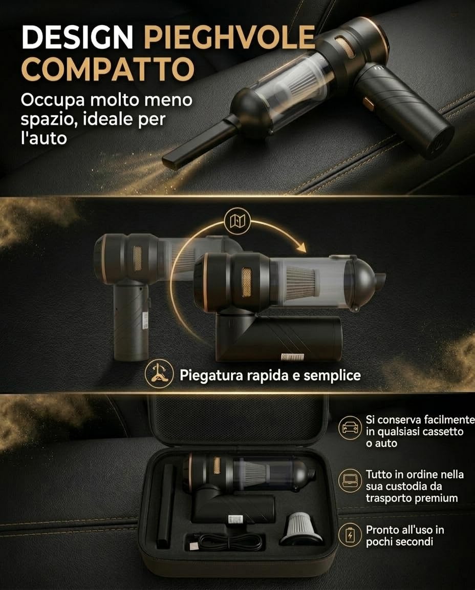 Aspirapolvere Auto, Portatile Pieghevole per Briciole, 22000Pa