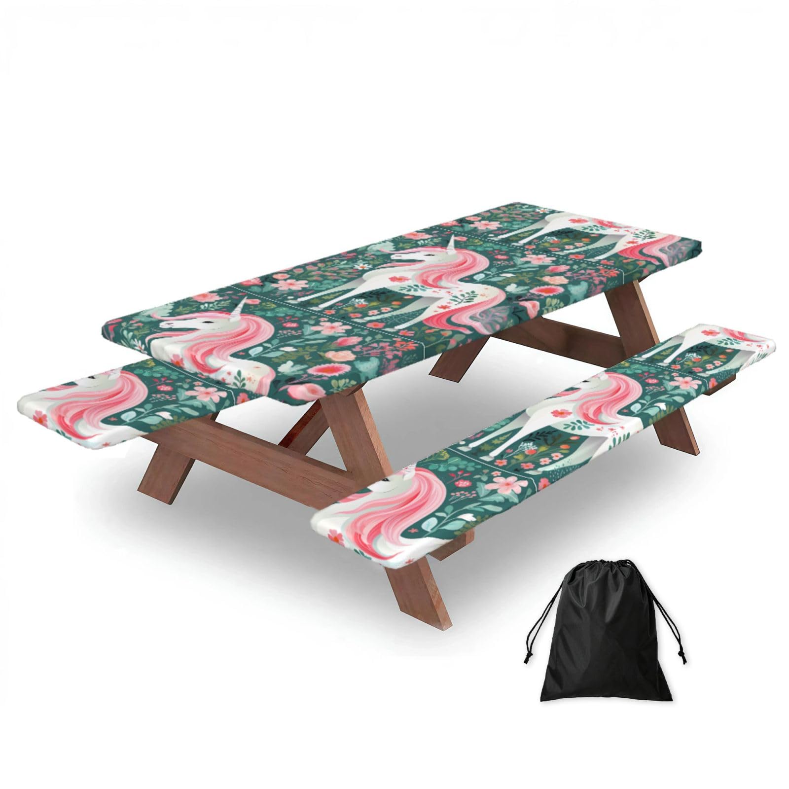 Hhbiuuo Black 72In Camping Table Cover & Bench Covers 3-Pack Set, Unicorn With Pink Hair Print Tablecloths, For Rectangle Tables Picnic
