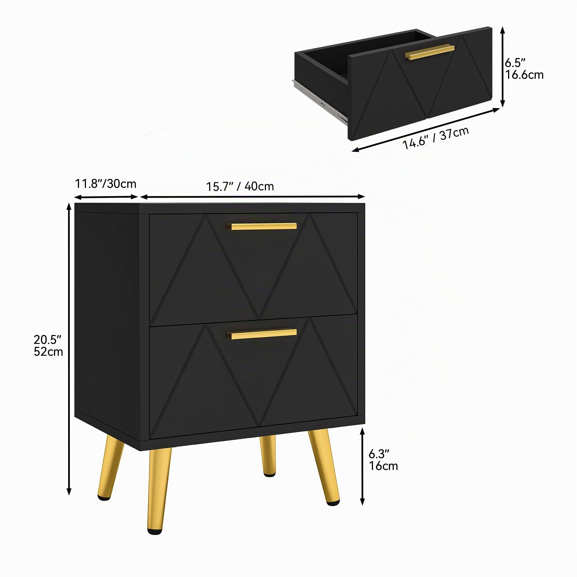 YITAHOME Set di 2 comodini con 2 cassetti, piccolo comodino con contenitore, comodino per soggiorno, camera da letto, ufficio, nero e oro, 40 x 30 x 52 cm, nero e oro