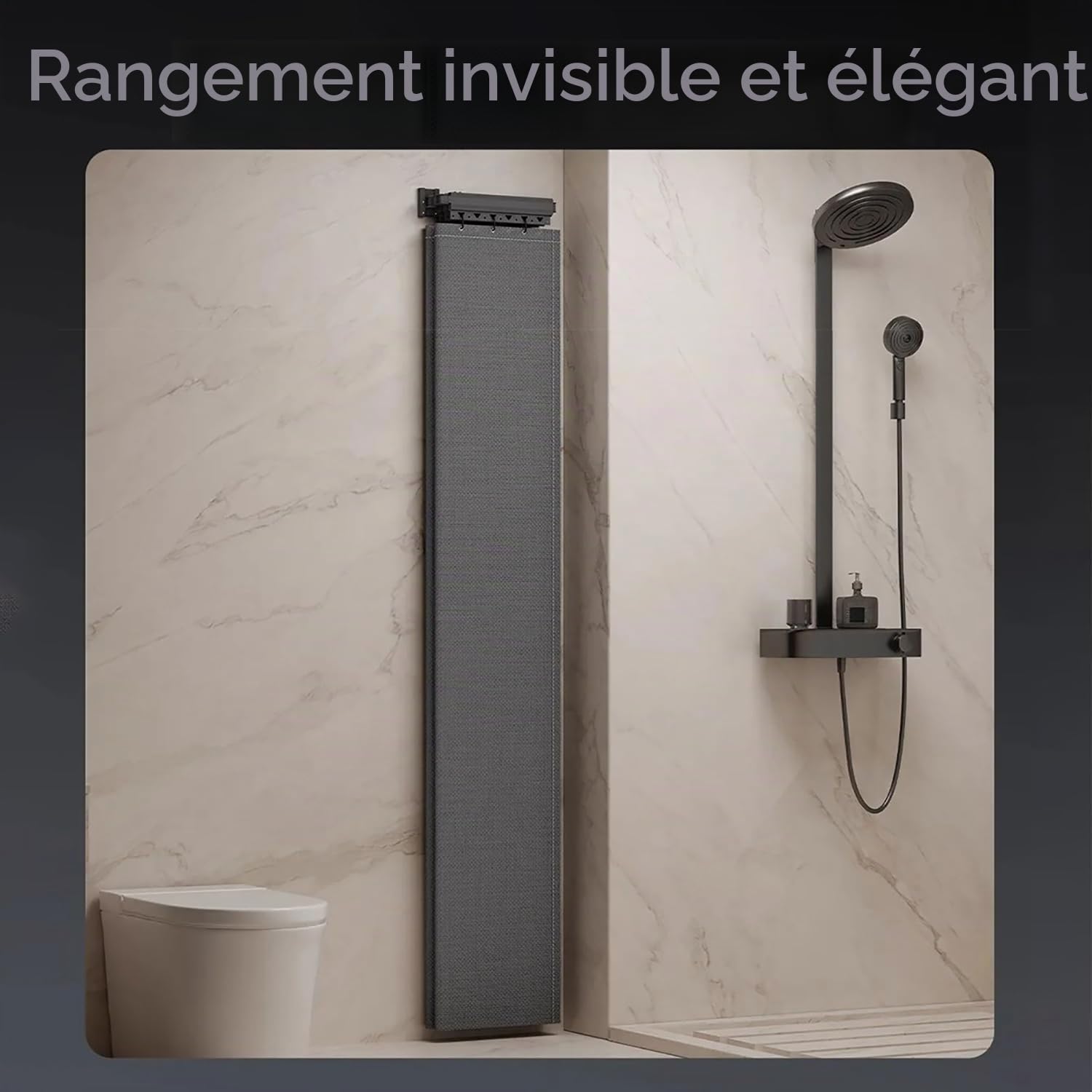 Rideau Douche Anti Moisissure，Barre de Douche Angle Sans Percage，Douche Angle Réglable/Extensible, Perforation/Collage, Rideaux de Douche Imperméable Tissu en Lin，Rangement Invisible（180x200cm）
