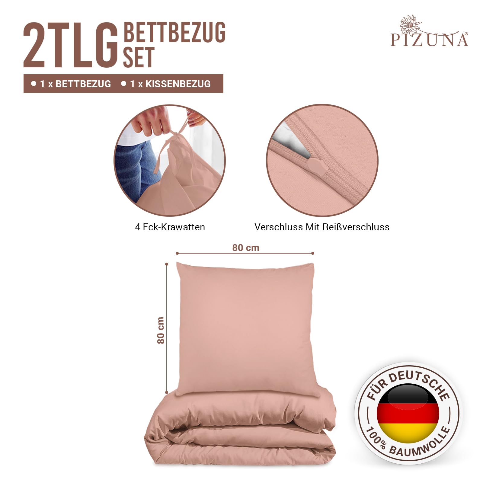 Pizuna 400 Fadenzahl aus Baumwolle Bettwäsche Misty Rose,100% Langstaple Baumwolle Bettbezug und Kissenbezug, 100% Baumwolle Mako Satin 2-Teilig Bettwäscheset 135x200 + 80x80 Misty Rose Mako Satin