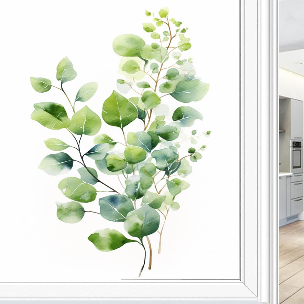 Pmlbaous Watercolor Nature Leaves Window Film Privacy Green Leaf Plant Window Clings For Glass Decorative Stickers Static Cling Sun Blocking Coverings 45X60 Cm