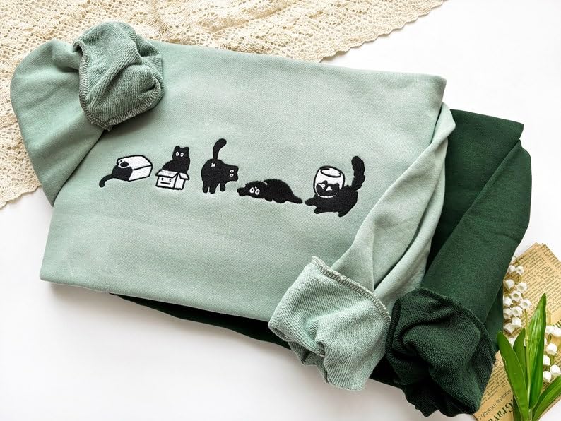 Lovely Black Cat Embroidered Sweatshirt, Embroidered Cat T-Shirt, Sweatshirt, Hoodie, Shrimp Shirt, Funny Sweater3