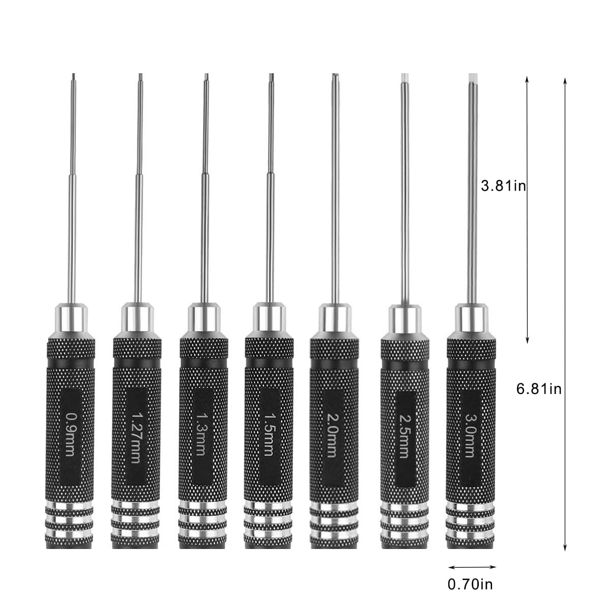 Zestaw wkrętaków sześciokątnych 7-częściowy, zestaw narzędzi RC, do samochodów RC, łodzi, dronów wyścigowych, robotów, 0,9 mm, 1,27 mm, 1,3 mm, 1,5 mm, 2,0 mm, 2,5 mm, 3,0 mm