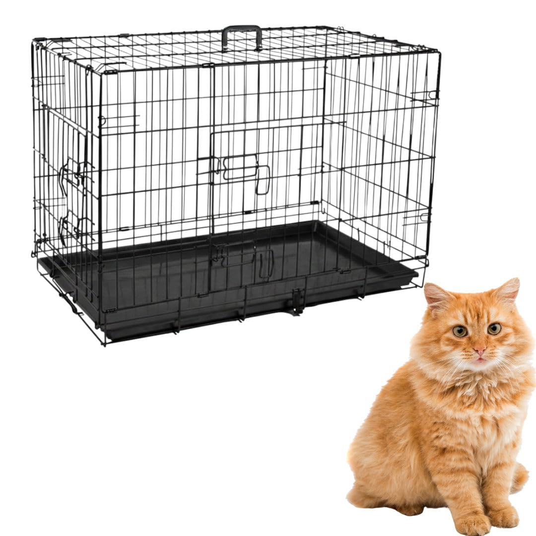 Heavy Duty Cat Cage – 48" Foldable Cat Carrier for All Breeds & Small to Large Cats – Premium Steel Pet Kennel with Removable Plastic Tray - Portable Pet Cage for Travel, Play & Vet Visits - XX-Large