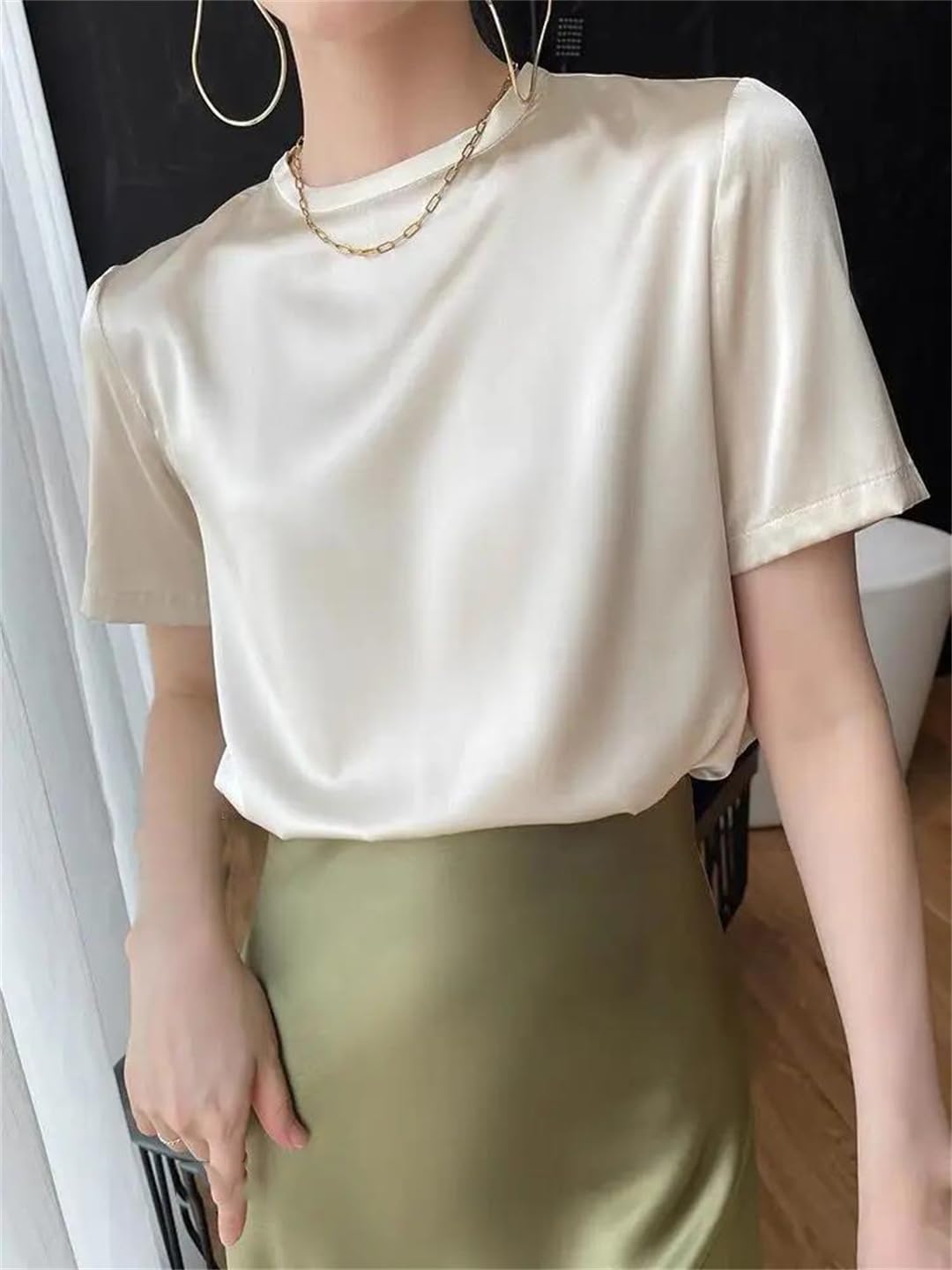 T-shirt da donna in raso di seta a maniche corte stile coreano estate elegante top tinta unita camicia casual allentata
