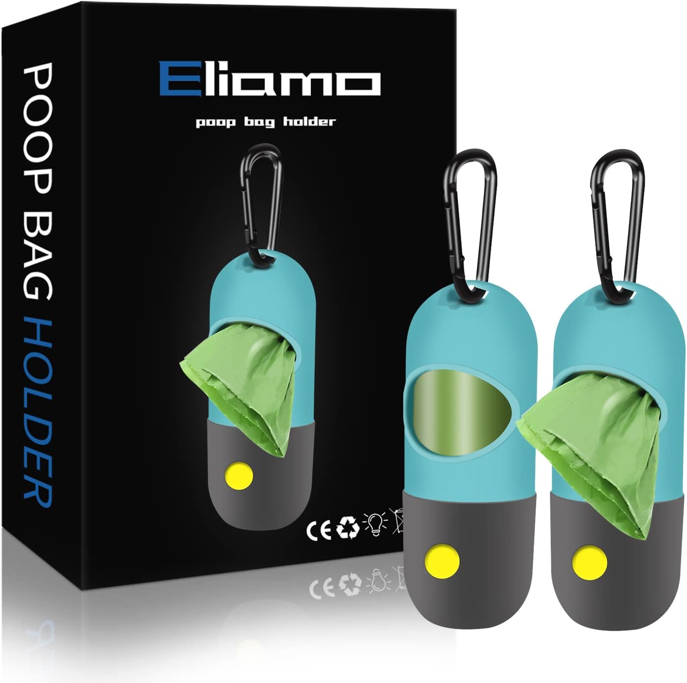 Eliamo 2 Pack Dog Poop Bag Dispenser with Built-in LED Flashlight, Pet Waste Bag Holder for Leash with Carabiner Clip for Lead Leash, 2 Rolls Leak-proof Doggy Waste Bags for Dog Walking, Blue