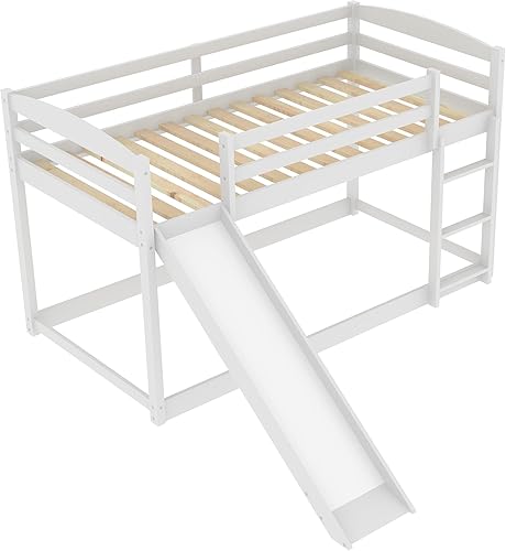 Miniatura 107 de Litera baja individual sobre individual, base de cama de madera maciza con escalera y barandillas de seguridad, literas individuales para niños y