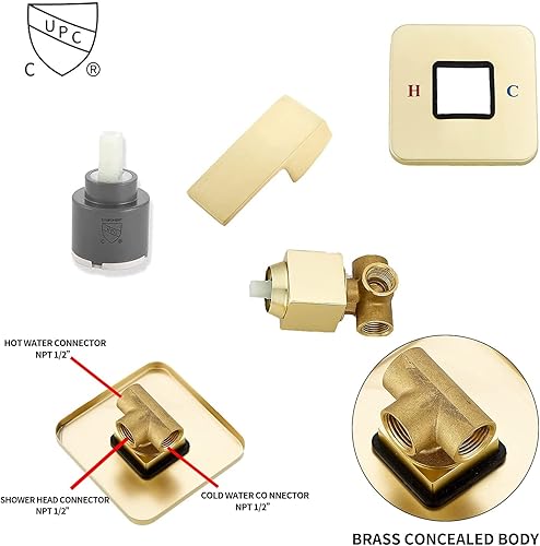 Miniatura 5 de GGStudy - Sistema de ducha de techo dorado cepillado, grifo de ducha de lujo, mezclador de lluvia, sistema de cabezal de ducha de 10 pulgadas con