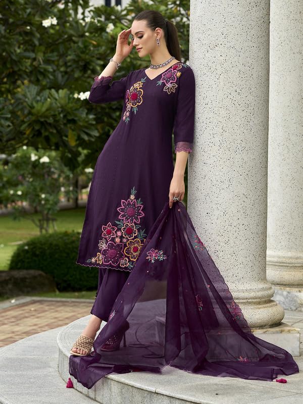 Image of INDO ERA Silk Women's Embroidered Straight Kurta Pant With Dupatta (Ieout7880)