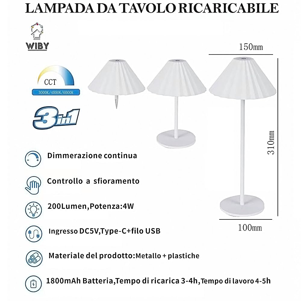 Wiby Lampada da Tavolo Ricaricabile LED Senza Fili, Lampada Bottiglia，Altezza Regolabile，Tre Temperature Colore Regolabili Lamp, per Sala da Pranzo,Camera da Letto,All'aperto，Batteria 1800mAh(Bianco)