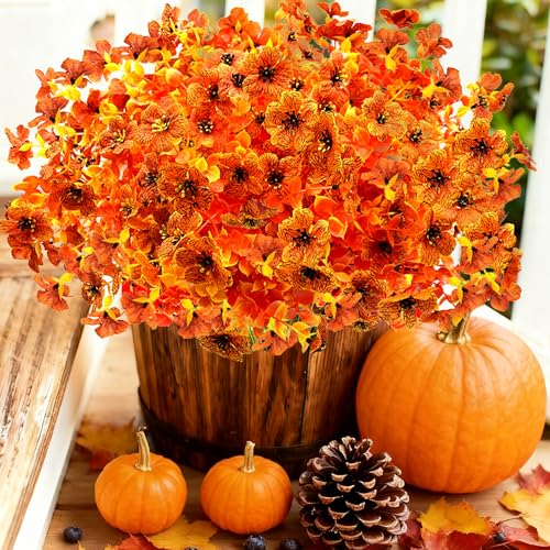 Satefello Artificial Fall Flowers for Outdoors, 10 Bundles Artificial Plants UV Resistant Fall Fake Plants for Outside Halloween Christmas Porch Decoration Fall Decor(Orange(Eucalyptus)) - image 3