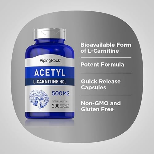 Miniatura 4 de Piping Rock Acetil L-carnitina HCL | 500 mg | 200 cápsulas en polvo | Suplemento sin OMG, sin gluten