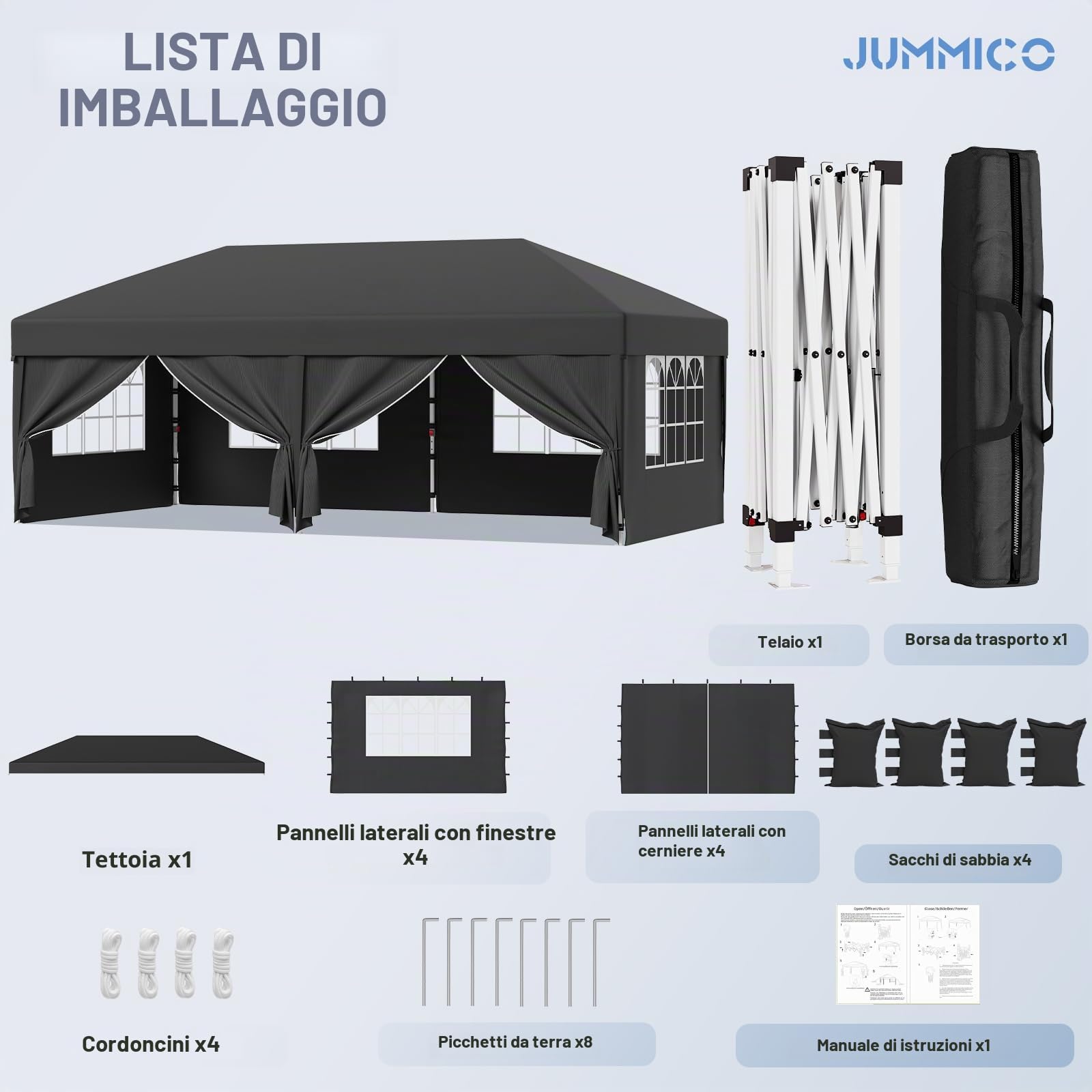 JUMMICO Gazebo 3x6 Pieghevole｜Assemblaggio in 5 Minuti｜Altezza Regolabile & 10cm più Alta｜Stabile al Vento & Impermeabile｜Protezione UV 50+｜Per Giardino, Campeggio & Feste Grigio