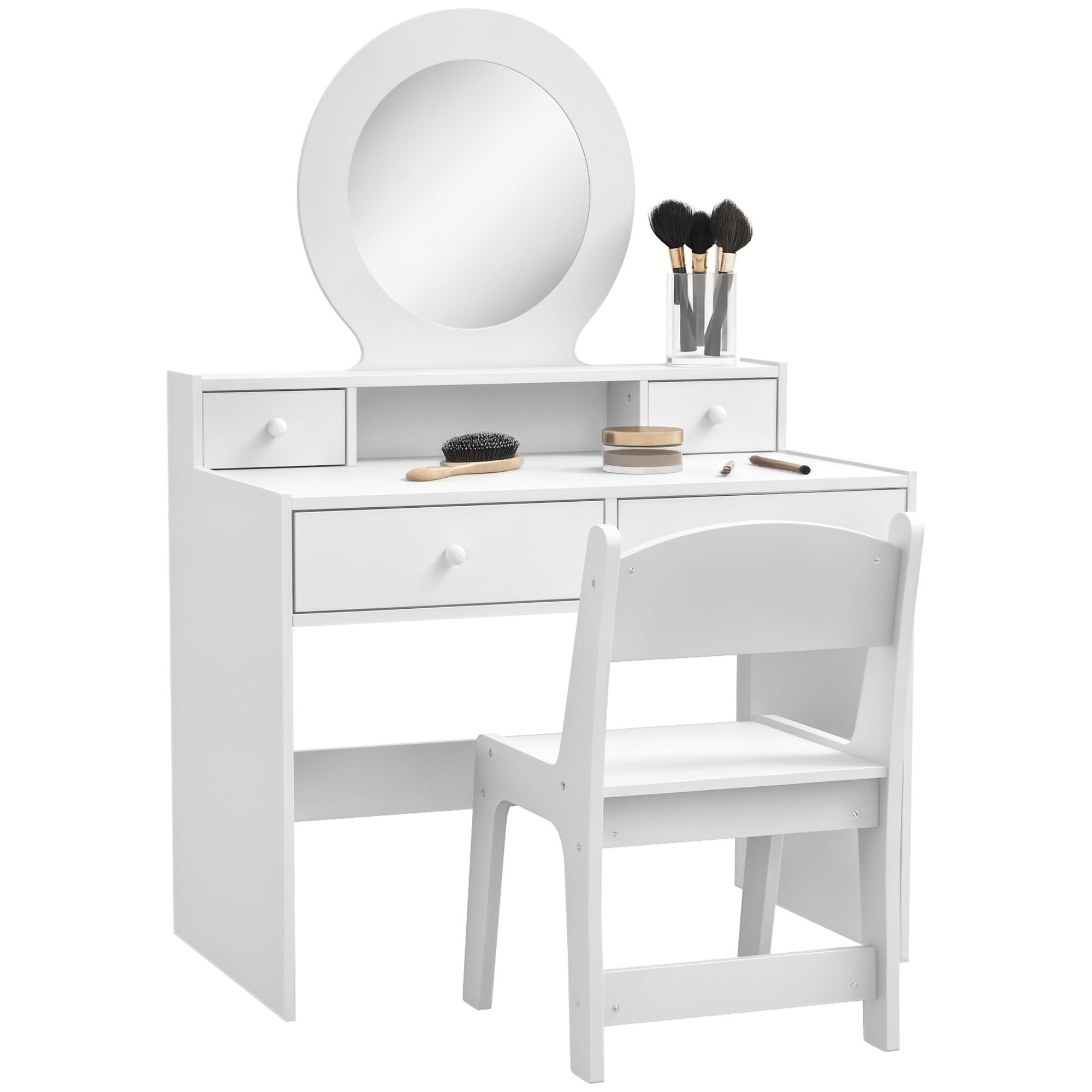 AIYAPLAY Tocador Infantil con Espejo y Taburete, Tocador Infantil Set de Maquillaje con Cajones de Almacenaje Regalo para Niños de 3 a 8 Años - Blanco