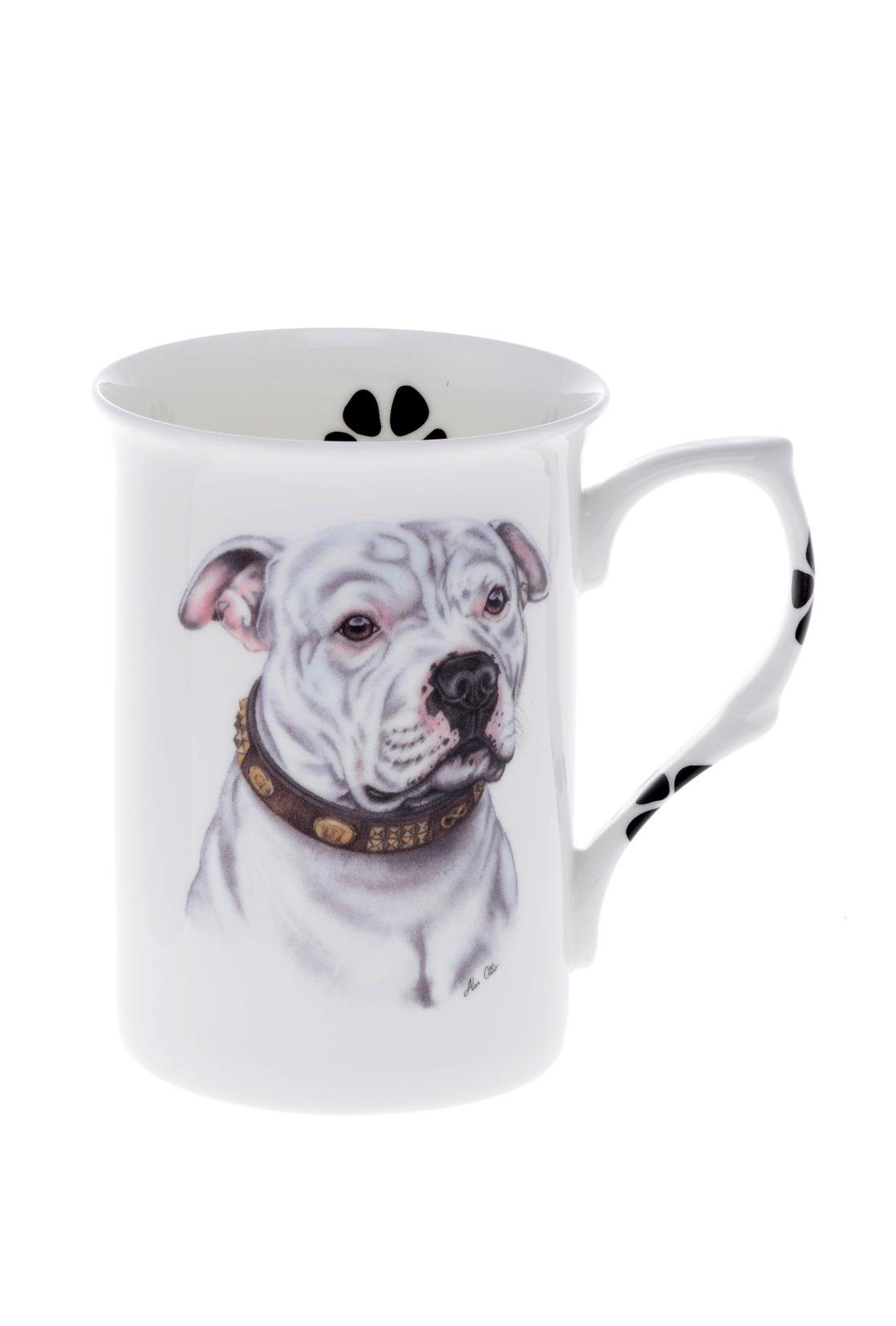 Hand Decorated- Kirsty Jayne China Ltd. White (Bb58) Single Bone China Beaker/ Mug/Cup Staffordshire Bull Terrier Dog
