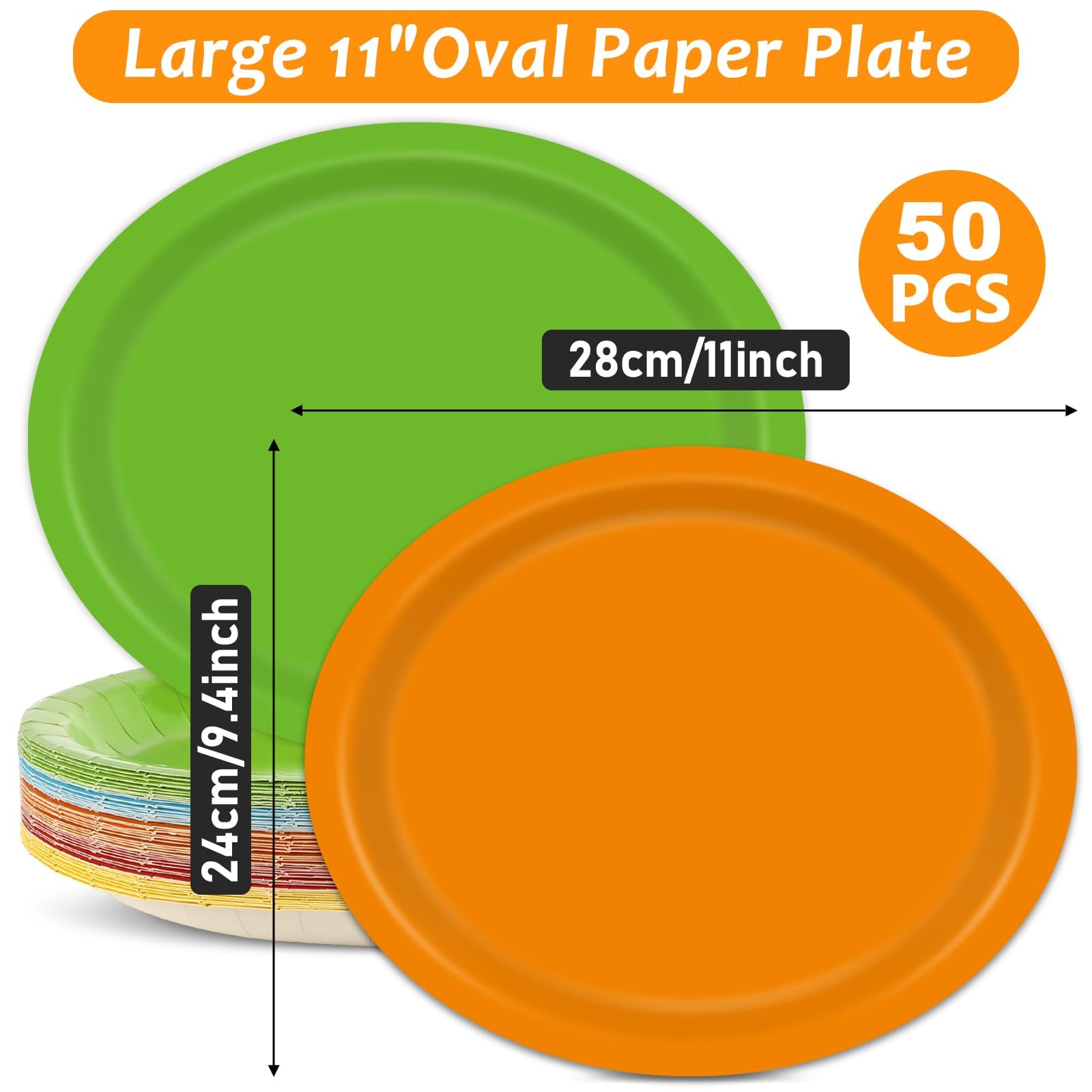 Qyeahkj 50 piatti di carta ovali colorati da 28 cm, grandi, colorati, per feste, 5 colori classici, usa e getta, per barbecue, riunioni, picnic, hamburger, cena, carnevale, compleanno