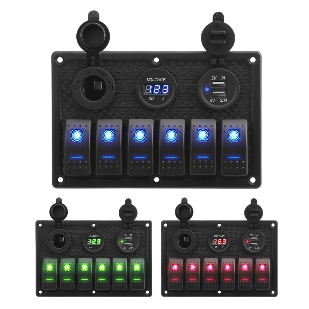 4.2A Dual USB Slot Socket 6 Gang Rocker Switch Panel Digital V Display Marine Boat Car Rv Vehicles Truck Yacht(Blue)
