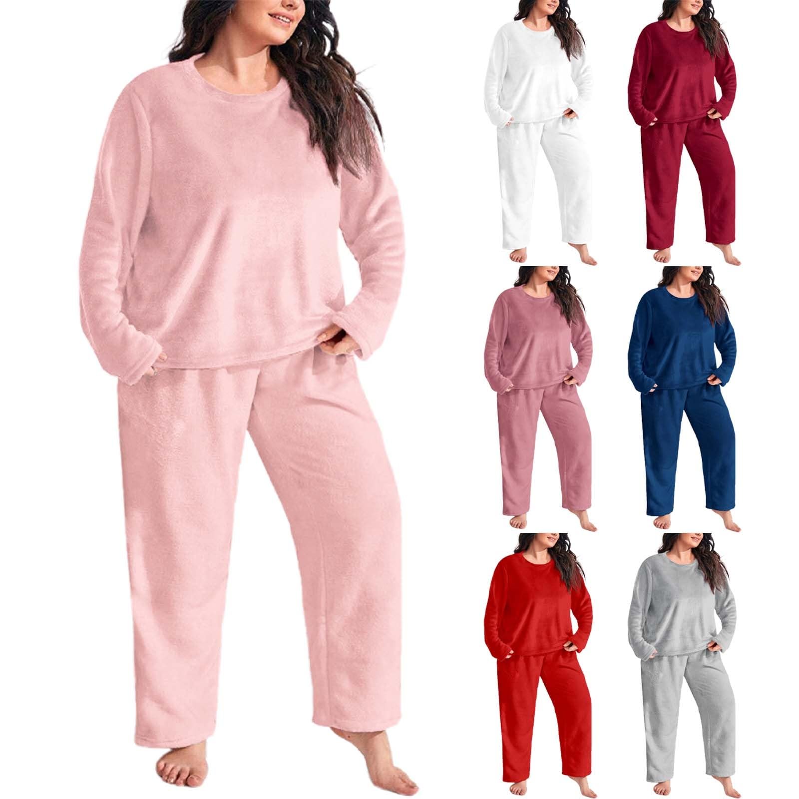Traje de casa para mujer, de forro polar, pijama de invierno, cálido, traje de ocio para mujer, juego de dos piezas, cuello redondo, ropa para el hogar, suelto, peluche, ropa de cama de gran