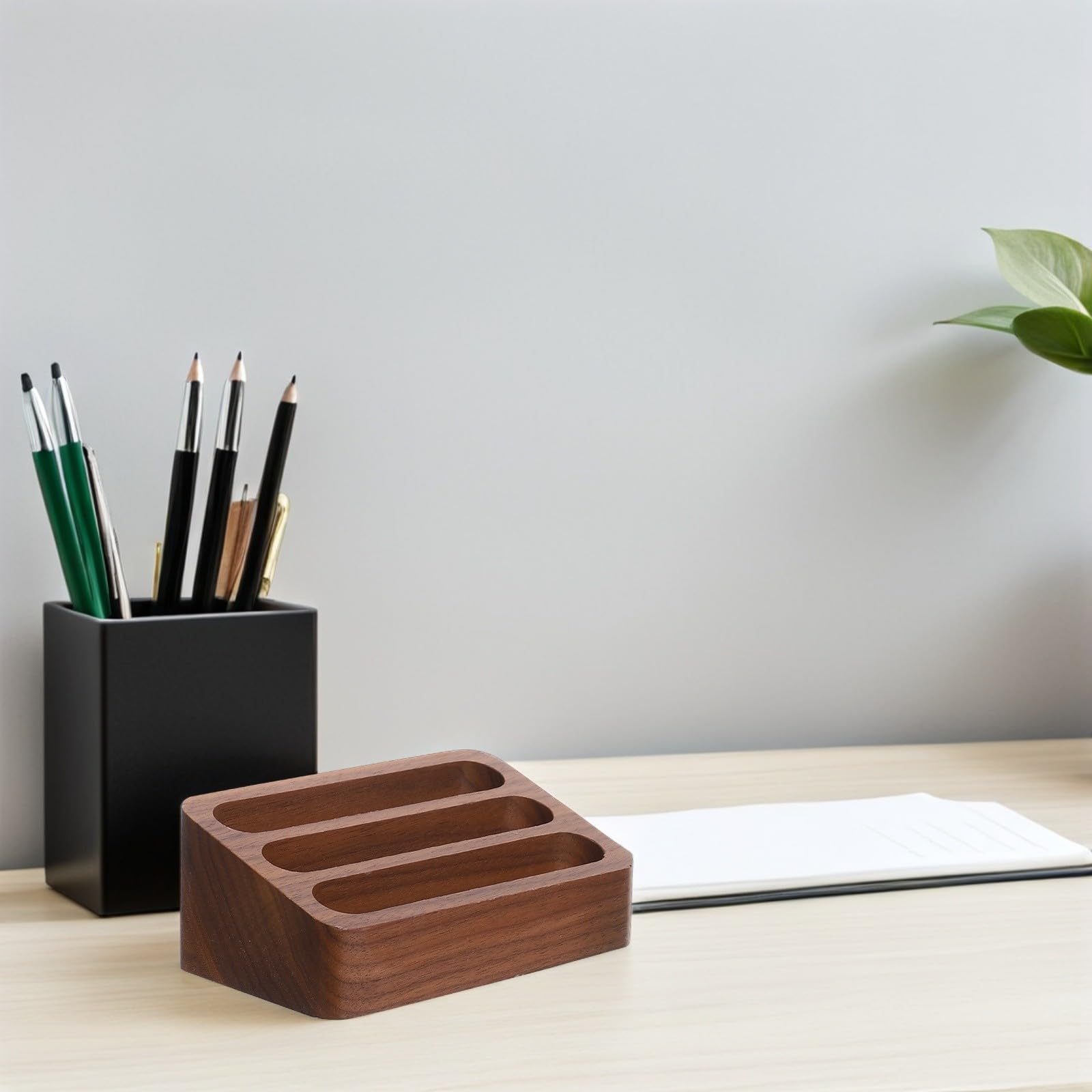 SHINEOFI 2piezas Tarjetero de Madera de Nogal Negro Estuche para Tarjetas de Visita Ranuras Pequeño Organizador para Oficina Hogar y Mesa de Escritorio