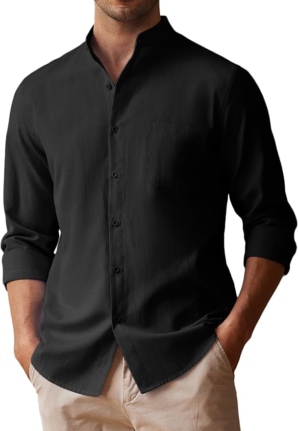 COOFANDY Men's Long Sleeve Oxford Shirt Band Collar Button Down Shirts