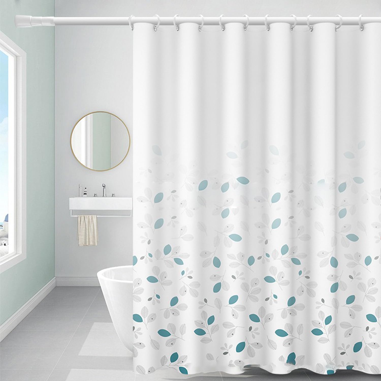 FSZhenZuan Shower Curtain 240x200cm Drop Water Repellent Shower Curtain with Hooks Washable Polyester Fabric Leaves Decorative Bathroom Curtains, Weighted Hem