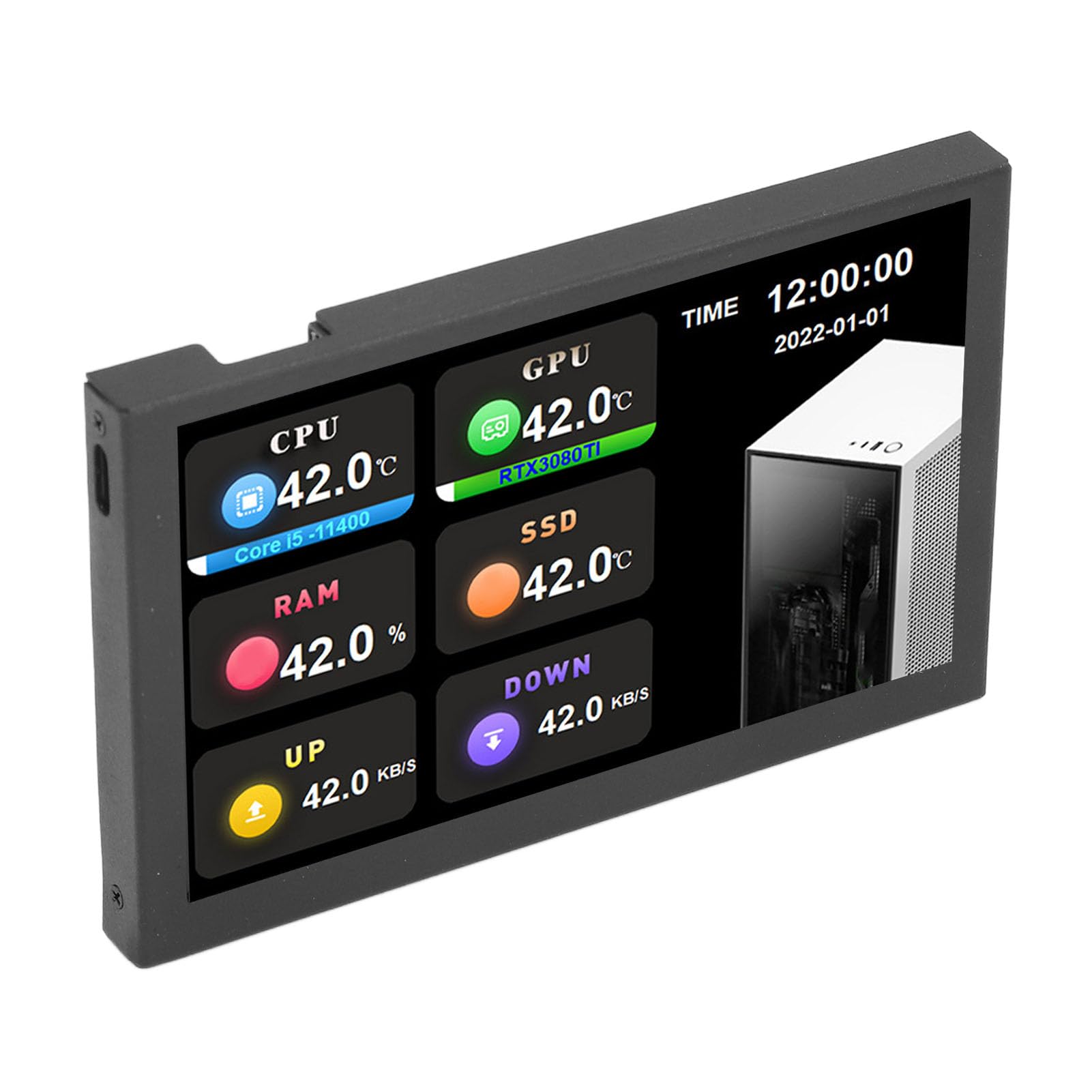 Mini Ekran IPS 5 Cali z Wyświetlaczem Temperatury USB, Monitor 800x480, Obudowa Aluminium, Porty Type-C i USB, Czarny Ekran