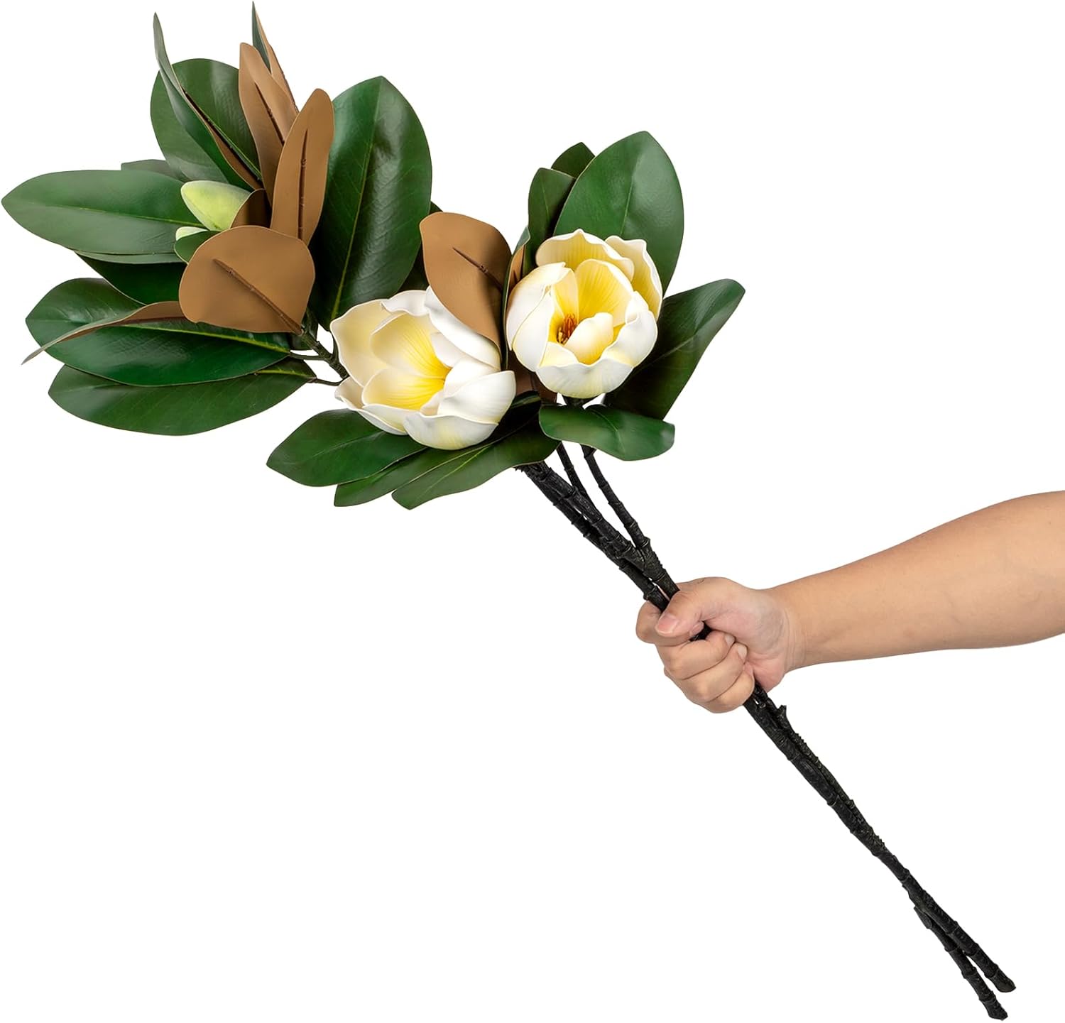 2PCS 35inch Artificial Magnolia Flowers with Green Magnolia Leaves and Fruit 3D Real Touch 2 Heads Long Stem Faux Magnolias Flower for Home Wedding Table Office Floral Arrangement Decoration (Cream)