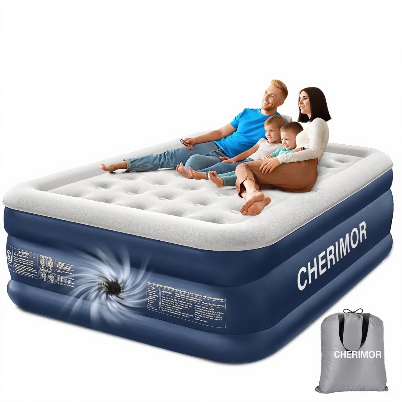 CHERIMOR Inflatable Mattress Air Bed, 203x152x46CM Double Airbed with Built in Pump Support 350KG, 3-Min Blow Up Mattress,48Hr Leakproof Test for Home Use & Camping with Carry Bag